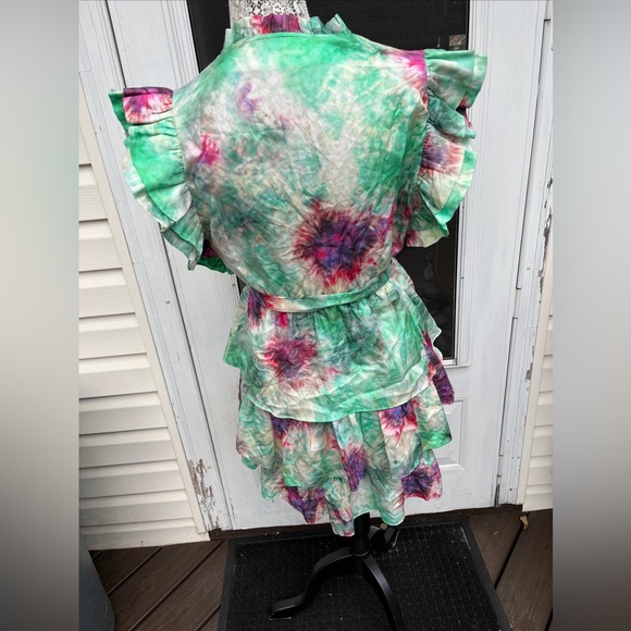 MARIE OLIVER LADIES GREEN PINK TIR DYE RUFFLE SILK COTTON DRESS-S - Picture 5 of 9